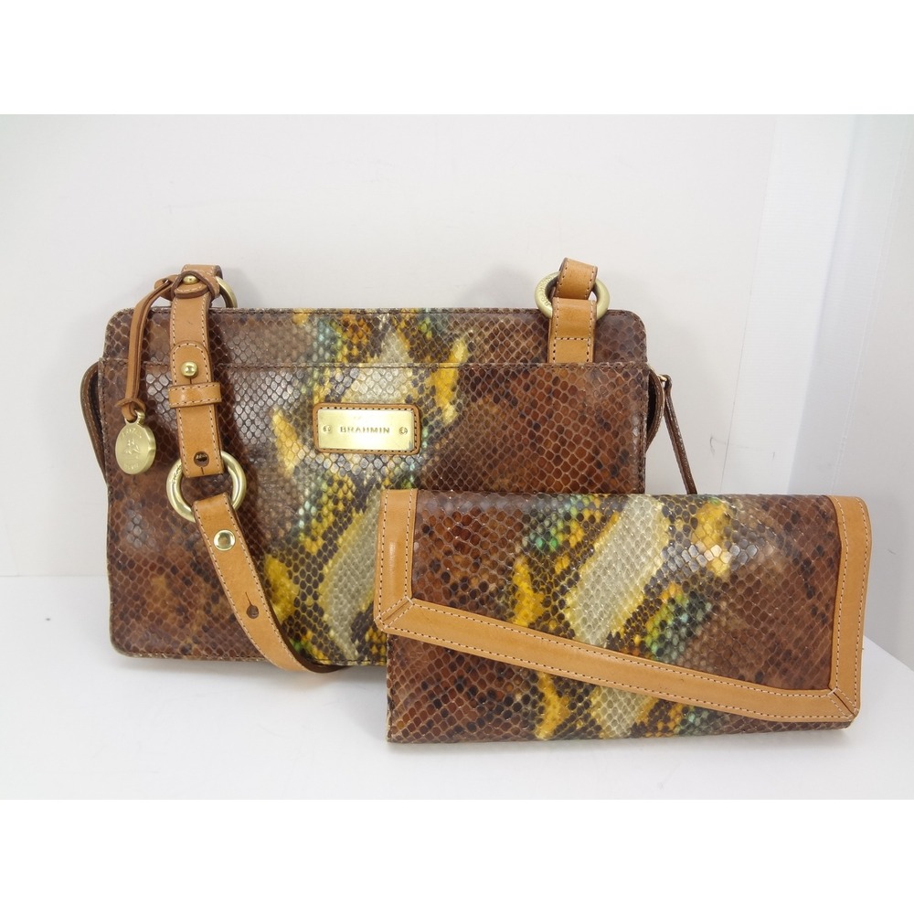 Brahmin Brown Snakeskin Embossed Leather Crossbody Bag and Wallet Set Gold Tone